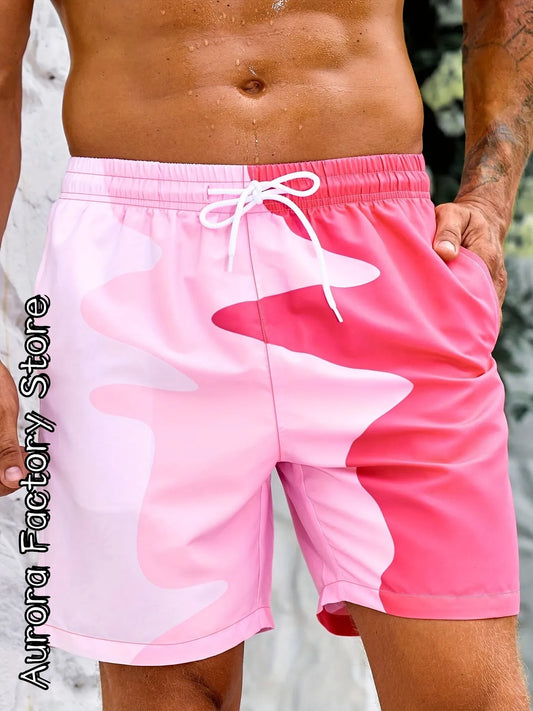 Summer men colorful 3D shorts with a pink wavy pattern, perfect for beach trips.