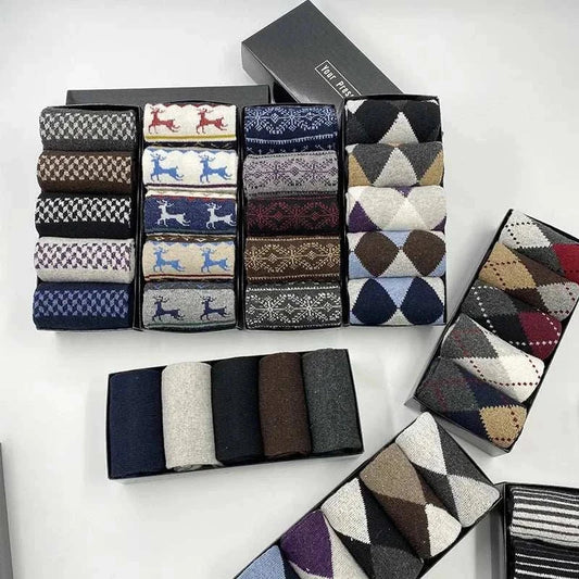 Boxed set of five stylish and cozy casual cotton socks for men, perfect winter gift.