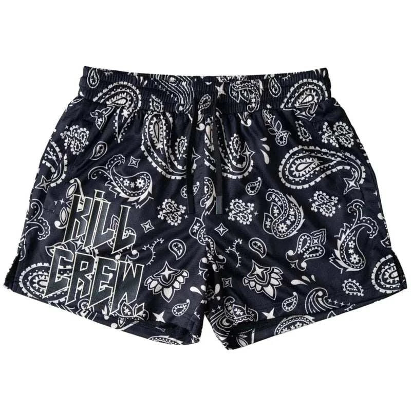 Floral patterned New Drip Sports men's beach shorts with drawstring closure.