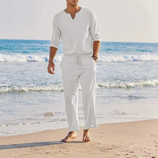 Casual cotton linen two piece men set with V-neck and elastic waistband, ideal for spring and summer wear.