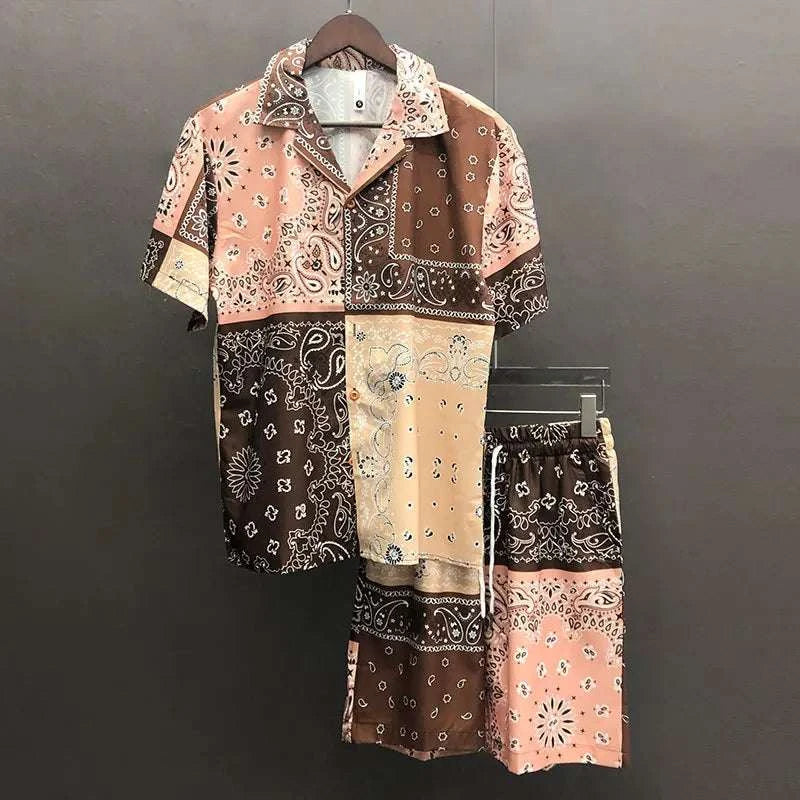 Ethnic Cashew Flower Casual Loose Men Short Set with notched collar and vibrant print.