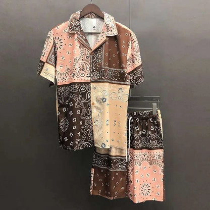 Ethnic Cashew Flower Casual Loose Men Short Set with notched collar and vibrant print.