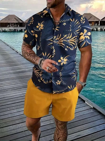 Men's streetwear two-piece beach set with floral shirt and yellow shorts, designed for comfort and style in summer.