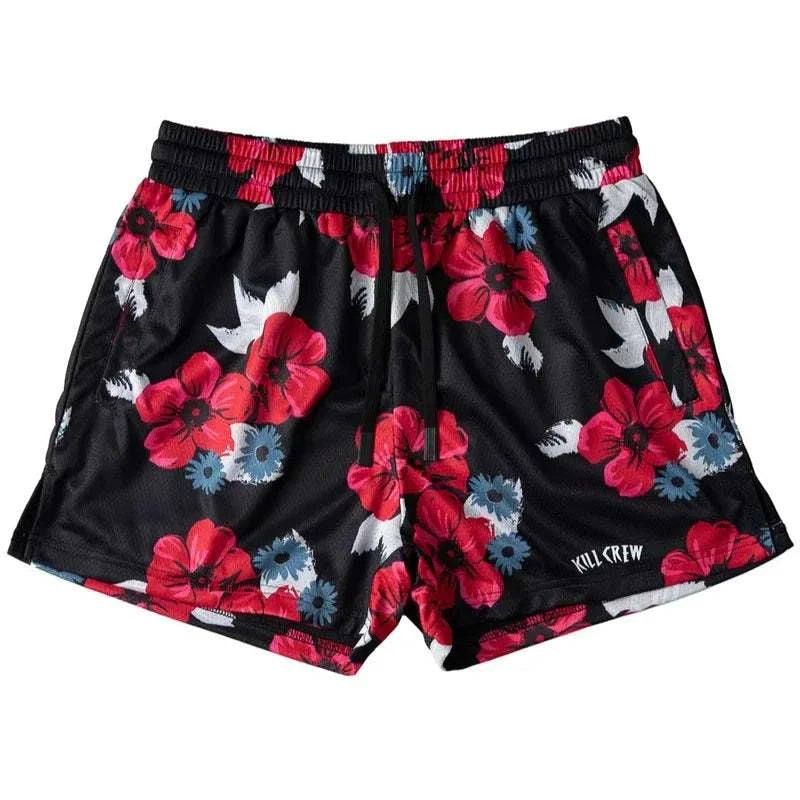 Floral patterned New Drip Sports men's beach shorts with drawstring closure.
