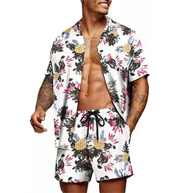 Floral Hawaiian  two piece men beach shorts set - MENLL