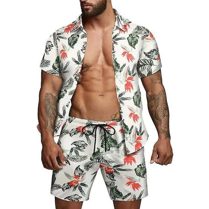 Vacay Lifestyle men beach shorts set with floral print and drawstring closure.