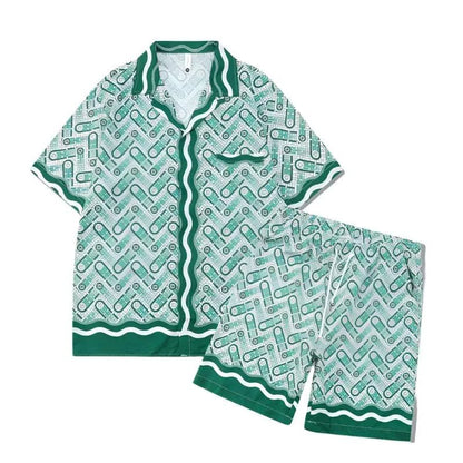 Luxury two-piece men's beach set with unique print and Mandarin collar.