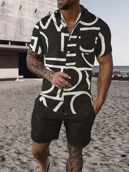 Men streetwear two-piece beach set with bold black and white design.
