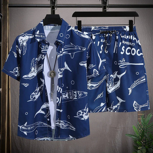 Men's vacay beach shorts set with animal print, elastic waist, polyester fabric, in navy blue.