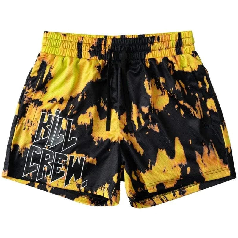 New Drip Sports men's beach shorts, yellow and black pattern, drawstring closure, floral design.