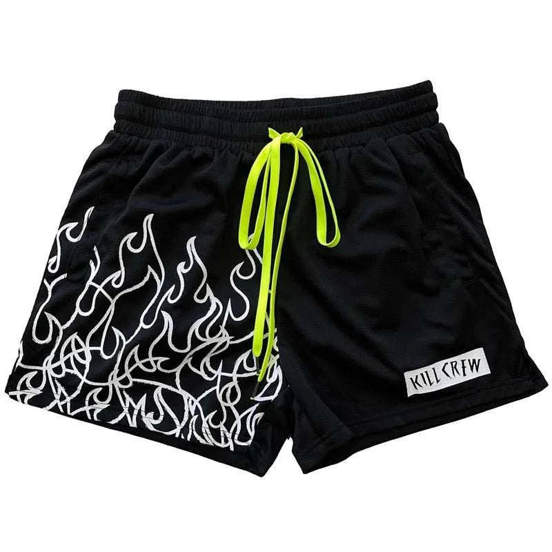 Flamez men Beach shorts with flame print, low waist, polyester material.