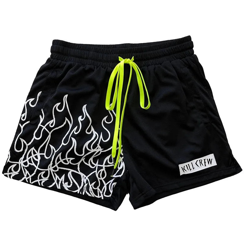 Flamez men Beach shorts with flame print, low waist, polyester material.