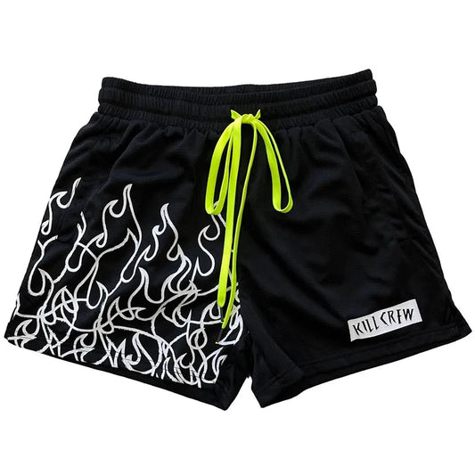 Flamez men Beach shorts with flame print, low waist, polyester material.
