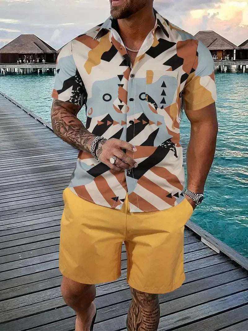 Men's streetwear two-piece beach set with abstract design shirt and yellow shorts.