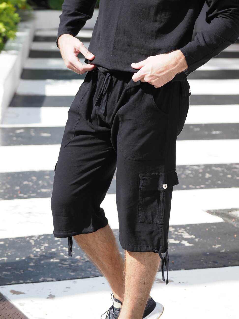 ST. JOHN Shorts - Black - Peruvian Pima Cotton Cargo Shorts with Drawstrings