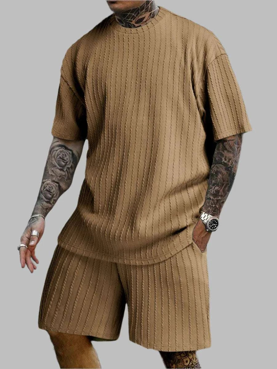 Bizard Men's Two Piece resort wear Suit in beige with ribbed texture, O-neck collar, short sleeves, and knit polyester fabric.