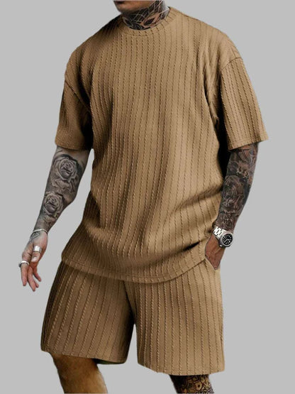 Bizard Men's Two Piece resort wear Suit in beige with ribbed texture, O-neck collar, short sleeves, and knit polyester fabric.