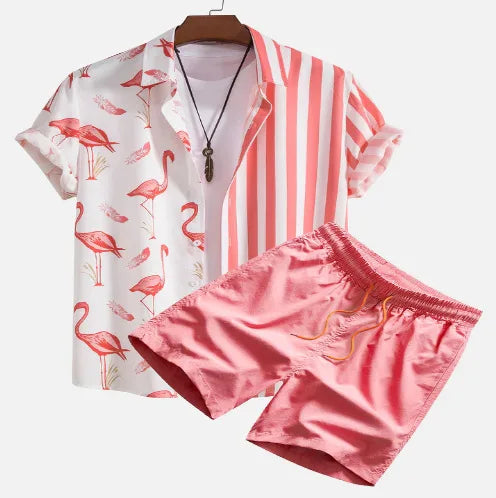 Relax mood men beach shorts set with flamingo and stripe pattern, short sleeves, drawstring shorts, and trendy design.