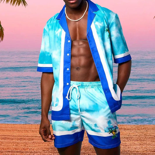 Men's retro ethnic style beach shirt set with blue patterns, featuring a single button closure and drawstring shorts; ideal for spring and summer fashion.