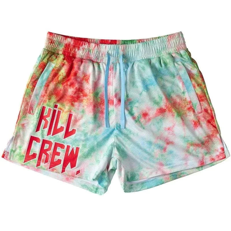 Colorful floral-patterned New Drip Sports men's beach shorts with drawstring closure.