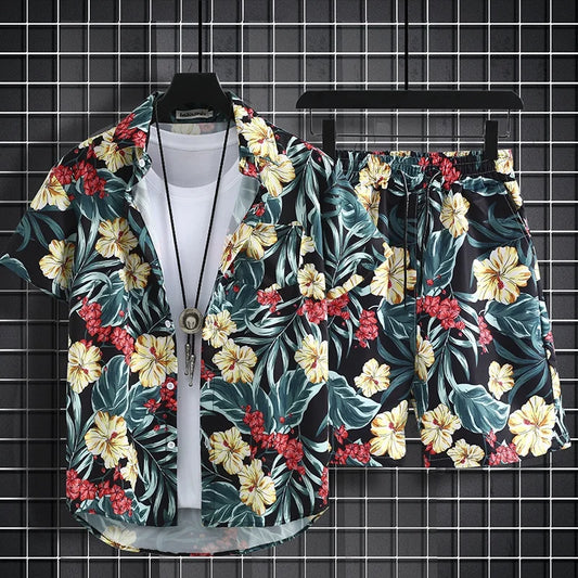 Floral design men's beach short set with Hawaiian print, ideal for summer.