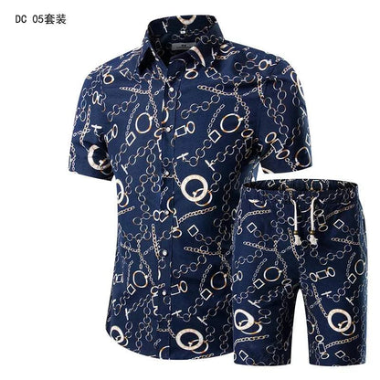 Trend setter men beach set featuring a navy blue short-sleeve shirt and shorts with chain pattern, Mandarin collar, and single-breasted closure.