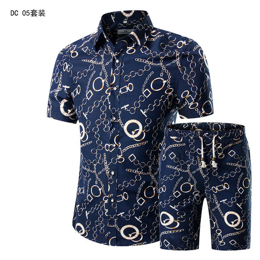 Trend setter men beach set featuring a navy blue short-sleeve shirt and shorts with chain pattern, Mandarin collar, and single-breasted closure.