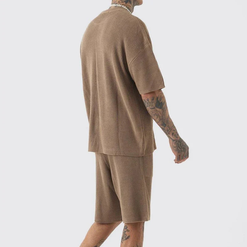 Men's casual beach streetwear outfit set in polyester with elastic waist, O-neck, and short sleeves.