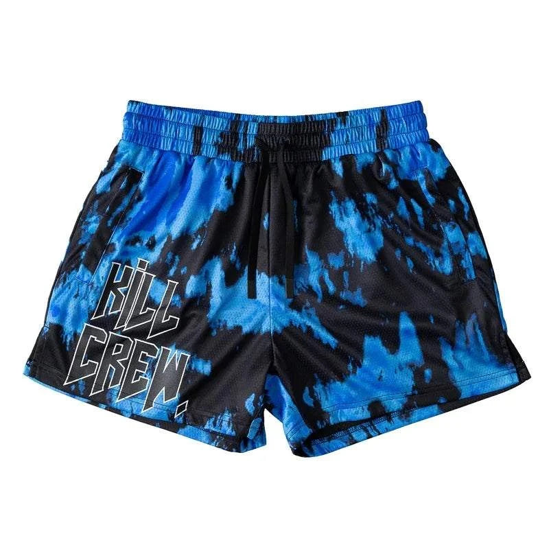 New drip Sports men's beach shorts with blue and black floral pattern, drawstring closure, and regular fit.