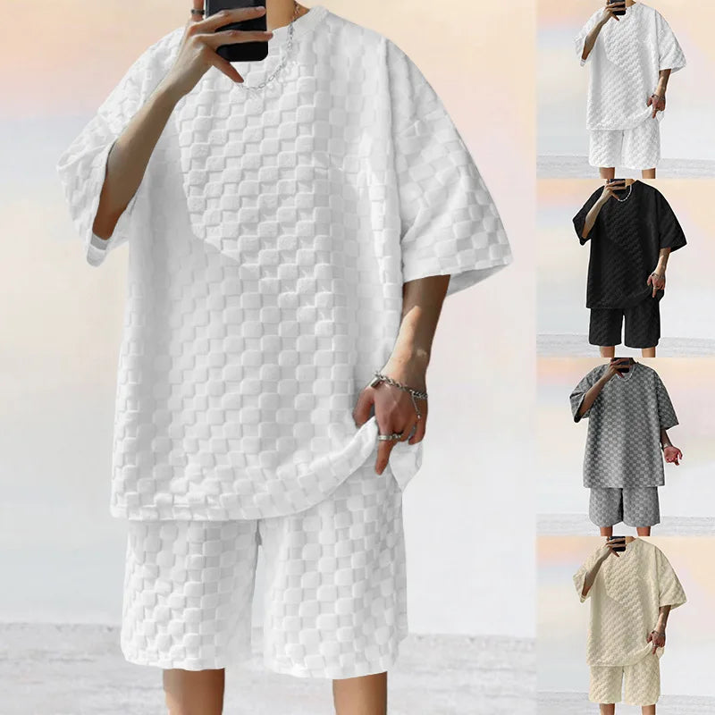 Men Leisure Oversized Two-piece shorts set in various colors, featuring lightweight polyester, O-neck collar, and drawstring closure.