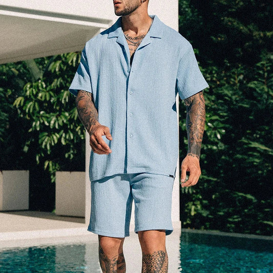 Men's Vintage Shorts Two Piece Summer Beach Set in light blue, featuring short sleeves and elastic waist.
