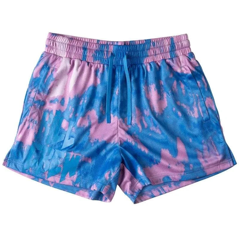 Floral patterned New Drip Sports men's beach shorts in pink and blue.