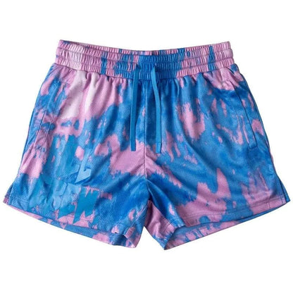 Floral patterned New Drip Sports men's beach shorts in pink and blue.