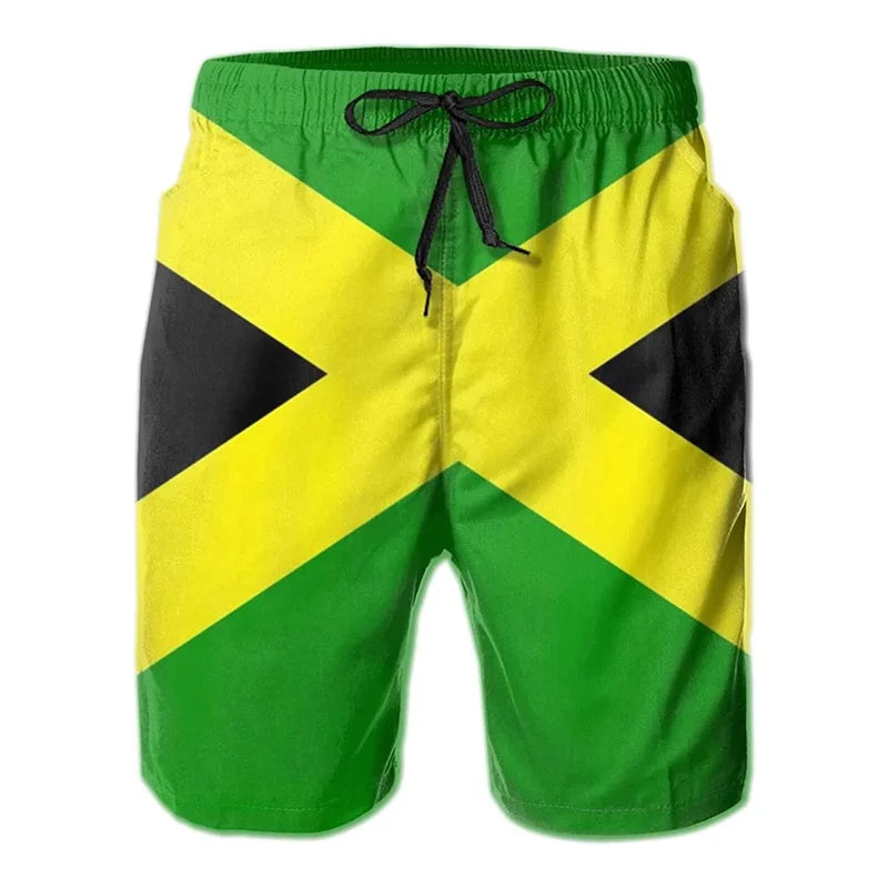 Jamaica men beach shorts with vibrant 3D print, durable polyester, hip hop inspired design.