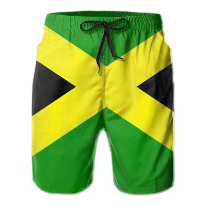 Jamaica men beach shorts with vibrant 3D print, durable polyester, hip hop inspired design.