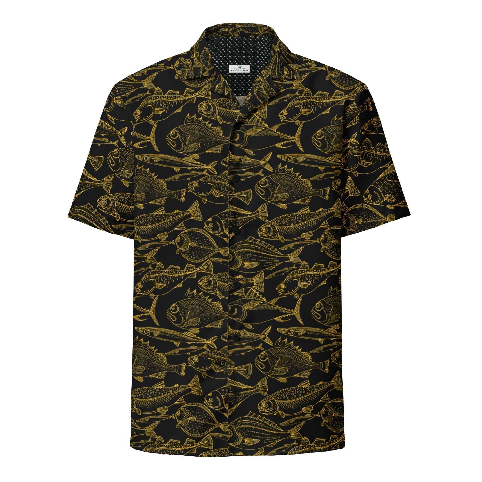 Sea of Gold Riches button down Hawaiian shirt with gold oceanic fish pattern on black background, made from sustainable recycled polyester
