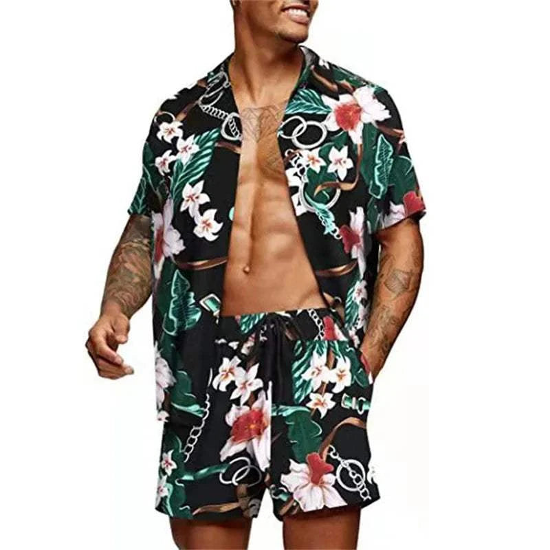 Floral Hawaiian two piece men beach shorts set with stylish print and O-neck top.
