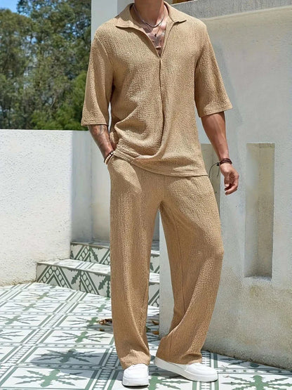 Vacation Summer Men's retro casual pants set with short-sleeve top and matching bottoms in solid color, ideal for warm weather.
