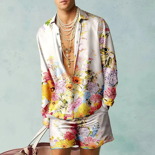 Luxury European beach shorts set with floral design for spring and summer.