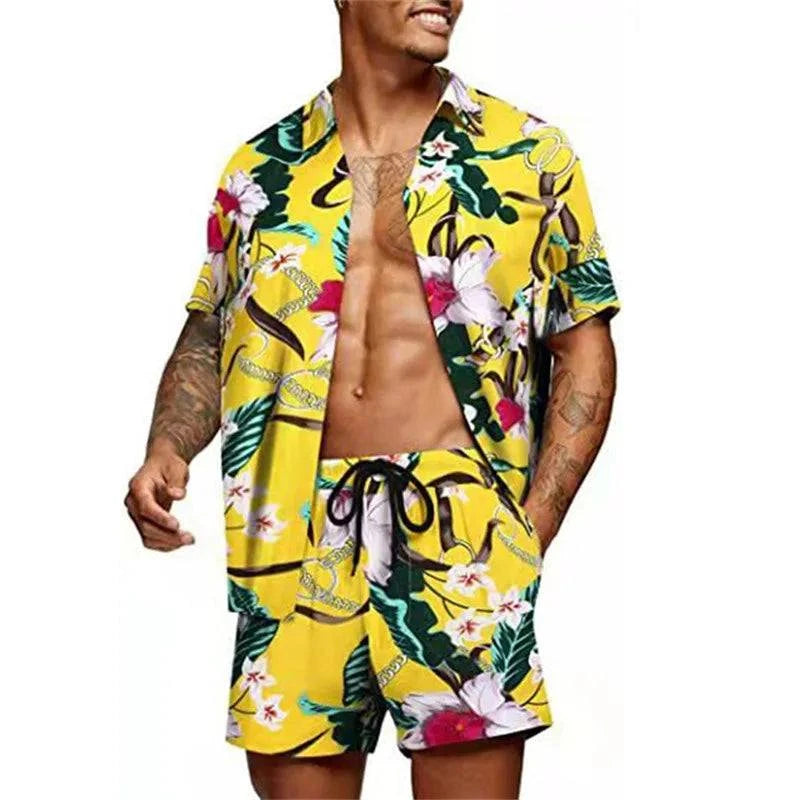 Floral Hawaiian  two piece men beach shorts set - MENLL