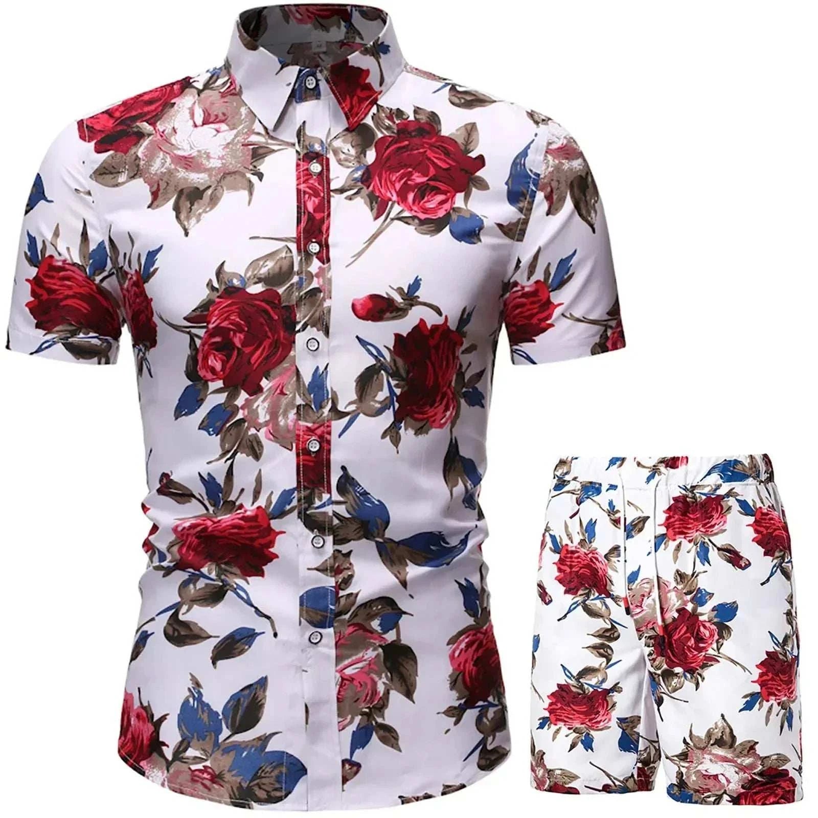 Classic men beach shorts set with floral pattern, polyester material, button decoration, and drawstring closure.