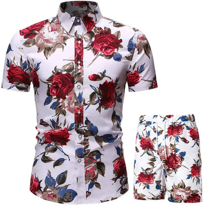 Classic men beach shorts set with floral pattern, polyester material, button decoration, and drawstring closure.