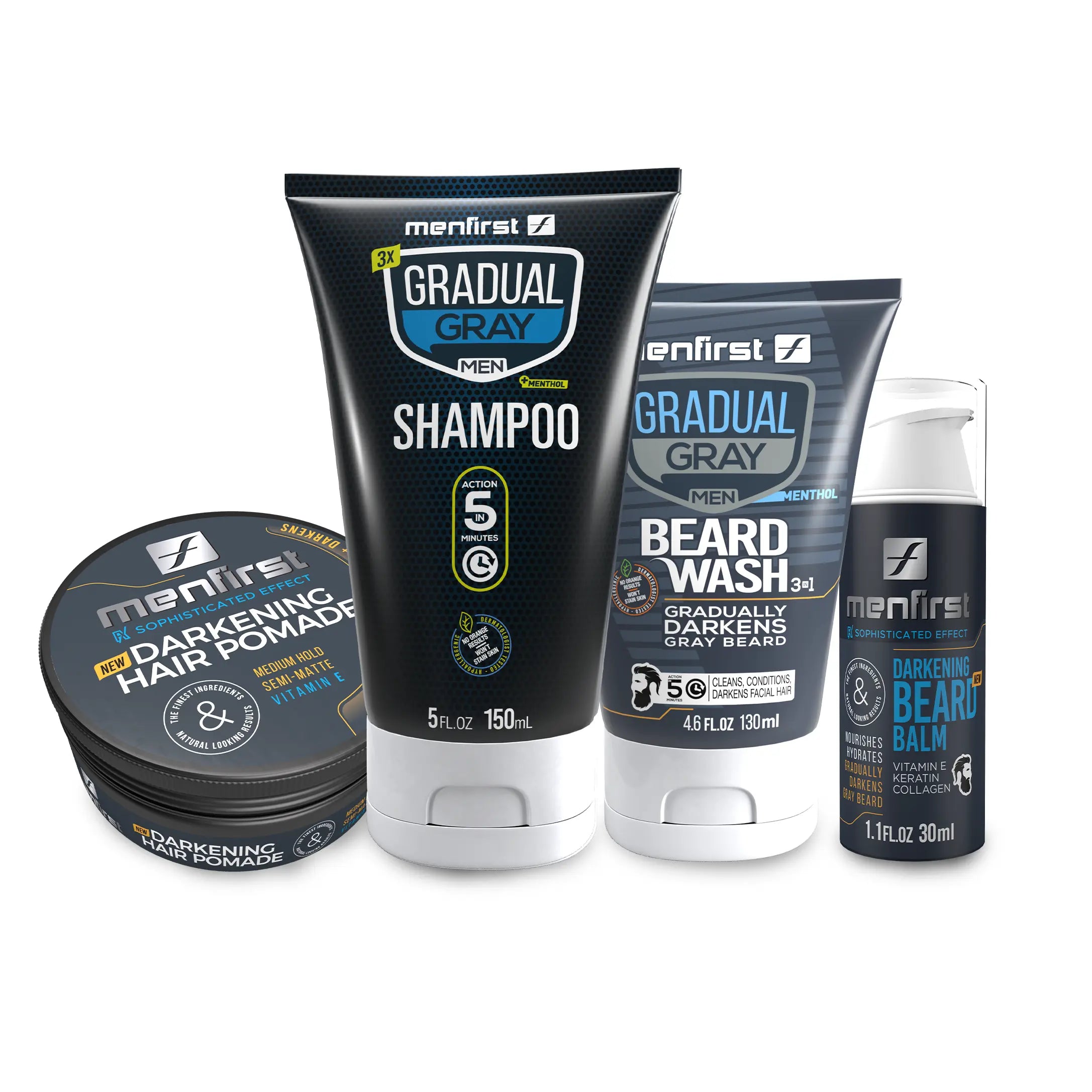 Menfirst Gradual Gray - Ultimate Gray Coverage Kit  - 3-in-1 Shampoo, Beard Wash, Beard Balm & Pomade - 4 Pack Bundle Menfirst