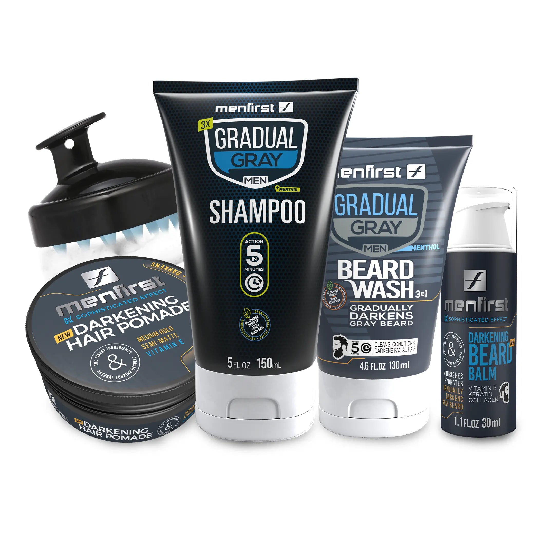 Menfirst Gradual Gray - Good bye Gray Hair- 3-in-1 Shampoo + Beard Wash + Beard Balm + Pomade & Scalp Brush - 5 Pack Bundle Menfirst