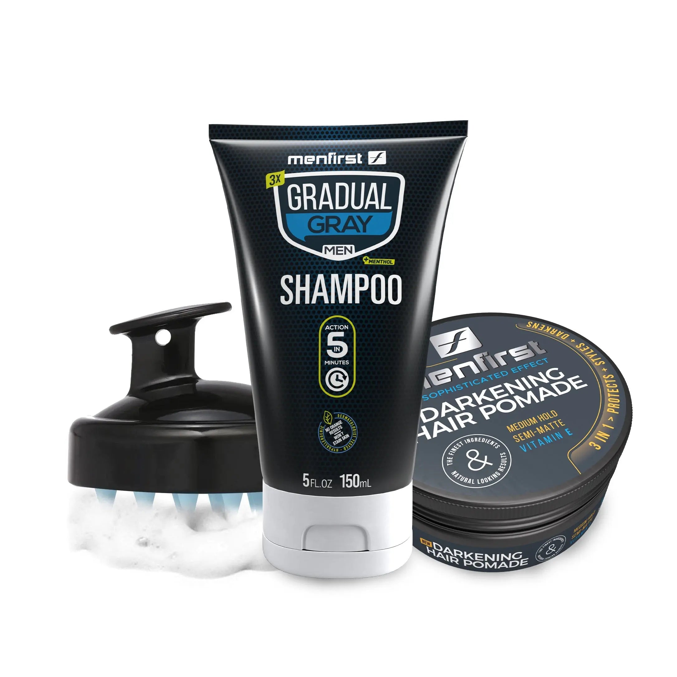 Menfirst Gradual Gray - Good bye Gray Hair- 3-in-1 Shampoo + Darkening Pomade &  Scalp Brush - 3 Pack Bundle Menfirst