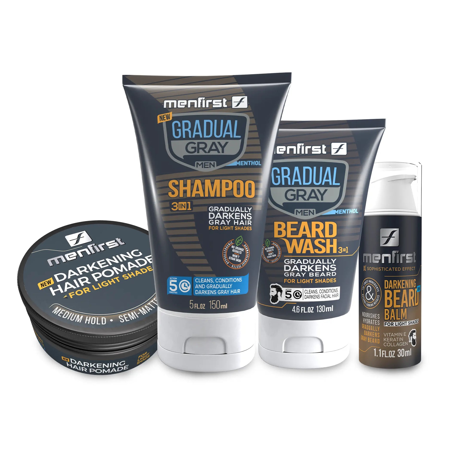 Menfirst Gradual Gray - Ultimate Gray Coverage Kit  - 3-in-1 Shampoo, Beard Wash, Beard Balm & Pomade - 4 Pack Bundle Menfirst