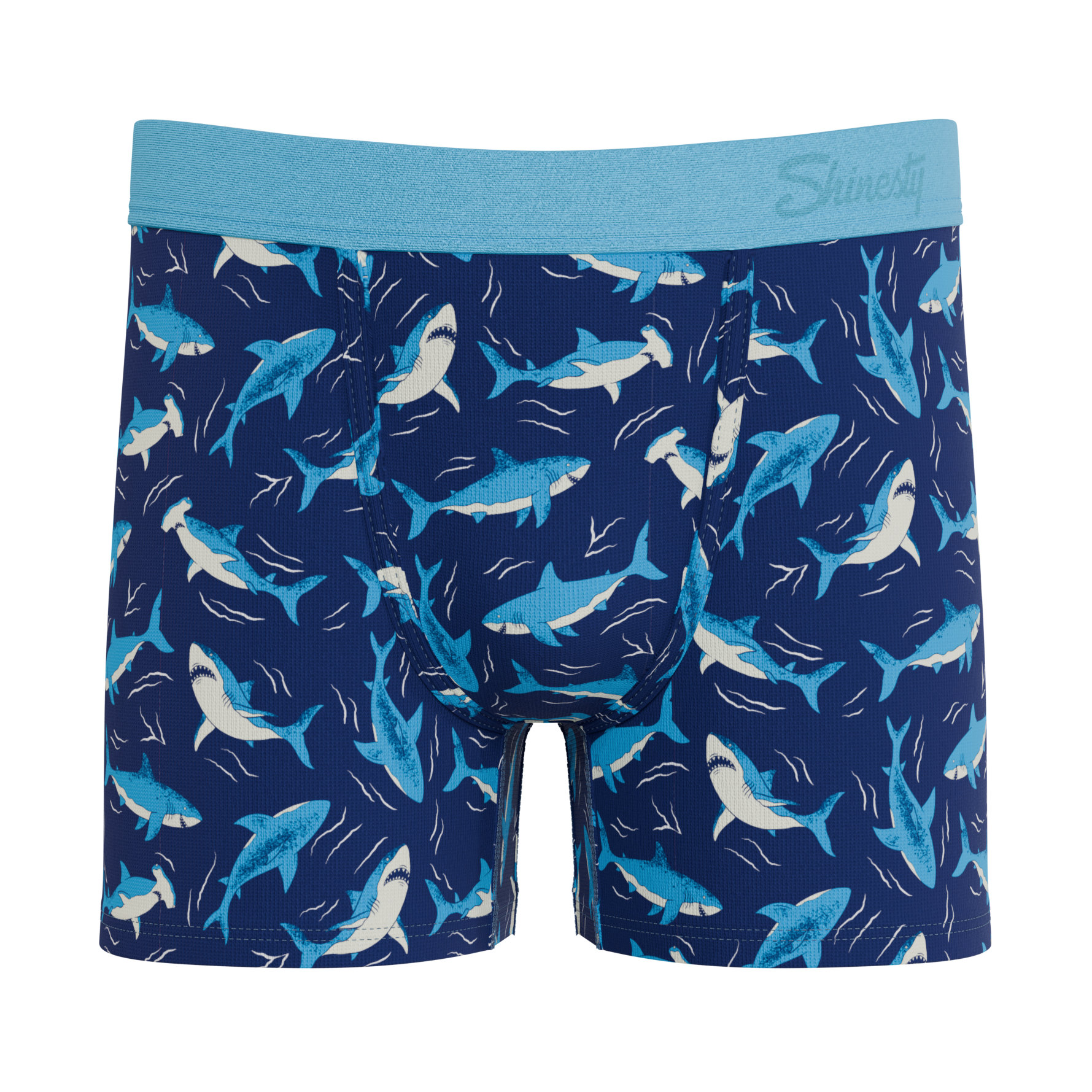Shinesty The Shark Lark boys boxer briefs, featuring a vibrant blue ocean print with playful sharks for adventurous kids.