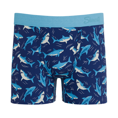 Shinesty The Shark Lark boys boxer briefs, featuring a vibrant blue ocean print with playful sharks for adventurous kids.