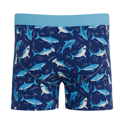 Shinesty The Shark Lark kids underwear, folded to display the vibrant ocean shark print and premium, durable fabric for everyday wear.