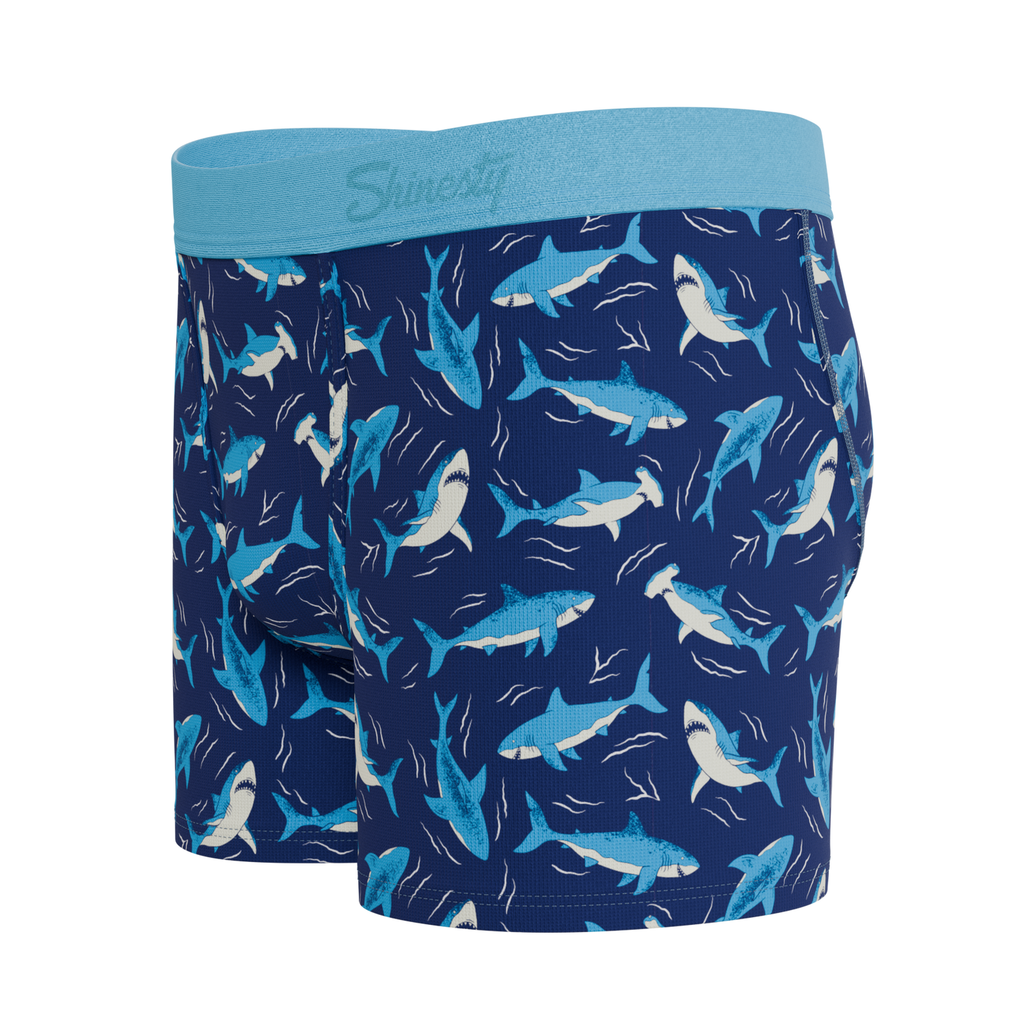 Shinesty The Shark Lark boys boxer briefs, highlighting the comfortable elastic waistband and full coverage design for active kids.